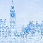 Big Ben In London  - Blueprint Drawing #2 Poster