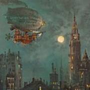 Airship By Moonlight Poster