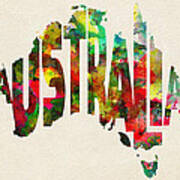 Australia Typographic Watercolor Map Poster