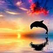 Beautiful Ocean And Sunset With Dolphin Jumping Poster