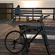 Boardwalk Bicycle At Sunrise With Watercolor Effect Poster
