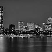 Boston Back Bay Skyline At Night Black And White Bw Panorama Poster