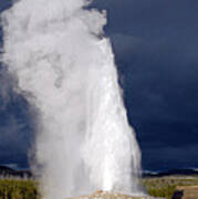 Bright Steam Plume Set Against A Darkening Sky From Old Faithful Geyser In Yellowstone National Park Poster