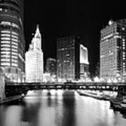 Chicago River Bridge Skyline Black White Poster