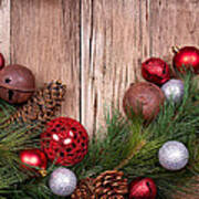 Christmas Ornaments On Wooden Background Poster