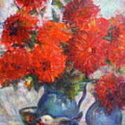 Dahlias In Complementary Original Impressionist Painting - Still-life - Vibrant - Contemporary Poster
