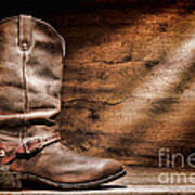 Cowboy Boots On Wood Floor Poster