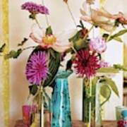 Dahlias And Peonies In Majolica Vases Poster