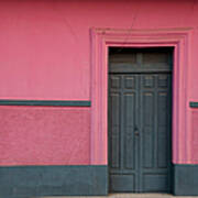 Dark Wooden Closed Door And Pink Wall Poster