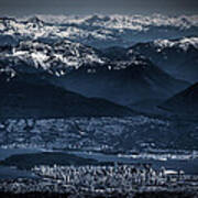 Downtown Vancouver And The Mountains Aerial View Low Key Poster
