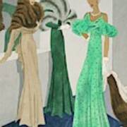 Drawing Of Models Wearing Wool Evening Dresses Poster