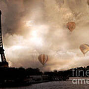 Dreamy Surreal Eiffel Tower Hot Air Balloons Sepia Poster