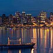 Elliott Bay Seattle Skyline Night Reflections Poster