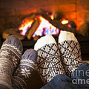 Feet Warming By Fireplace Poster