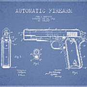 Firearm Patent Drawing From 1911 - Light Blue Poster