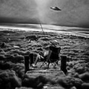 Fishing Above The Clouds Grayscale Poster