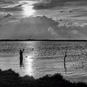 Fishing With Dad - Black And White - Merritt Island Poster