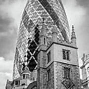 Gherkin And St Andrew Undershaft Black And White Version Poster