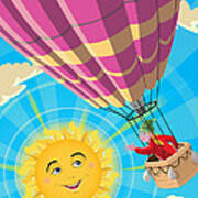 Girl In A Balloon Greeting A Happy Sun Poster