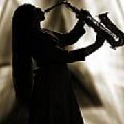 Girl Musician Playing Saxophone In Silhouette Sepia 3353.01 Poster