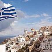 Greek National Flag Waving Over Oia - Santorini - Gr Poster