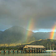 Hanalei Bay Double Rainbow Sunrise Poster