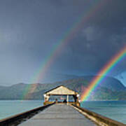 Hanalei Pier And Double Rainbow Poster