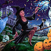 Happy Halloween Witch With Graveyard Friends Poster