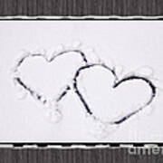 Hearts On Snow With Wood Panel Background Poster