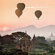 Hot Air Balloons Flying Over Temples At Poster