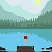 Illustration Of Man Diving Into Lake Poster