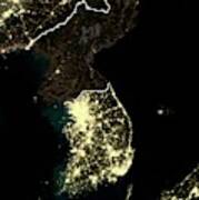 Korean Peninsula At Night Poster