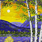Lake And Mountains At Sunset Palette Knife Painting Poster