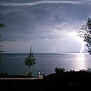 Lightning On Lake Michigan At Night Poster