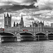 London - Houses Of Parliament And Red Buses Poster