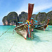 Long Tail Boats At Maya Beach - Ko Phi Phi - Thailand Poster