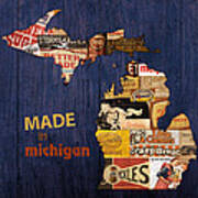 Made In Michigan Products Vintage Map On Wood Poster