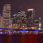 Miami Skyline At Night Panorama Color Poster