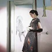 Model Wearing Print Dress By Marcel Vertes Mural Poster