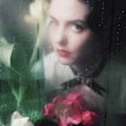 Model With Flowers Behind Wet Window Poster