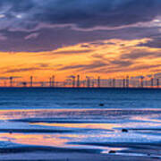 Modern Ocean Windmills At Sunset Lowtide Poster
