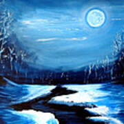 Moon Snow Trees River Winter Poster