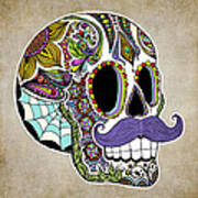 Mustache Sugar Skull Vintage Style Poster