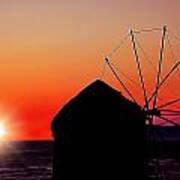 Mykonos Windmill In Orange Sunset Poster