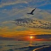 Navarre Beach And Pier Sunset Colors With Gulls And Waves Poster