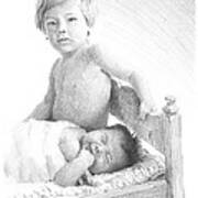 New Baby And Brother Pencil Portrait Poster