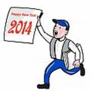 New Year 2014 Newspaper Boy Showing Sign Cartoon Poster