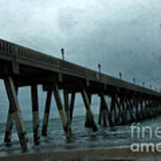 Oean Pier - Surreal Stormy Blue Pier Beach Ocean Fishing Pier With Seagull Poster