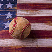 Old Baseball On American Flag Poster
