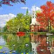 Old Church At Autumn Lake Poster